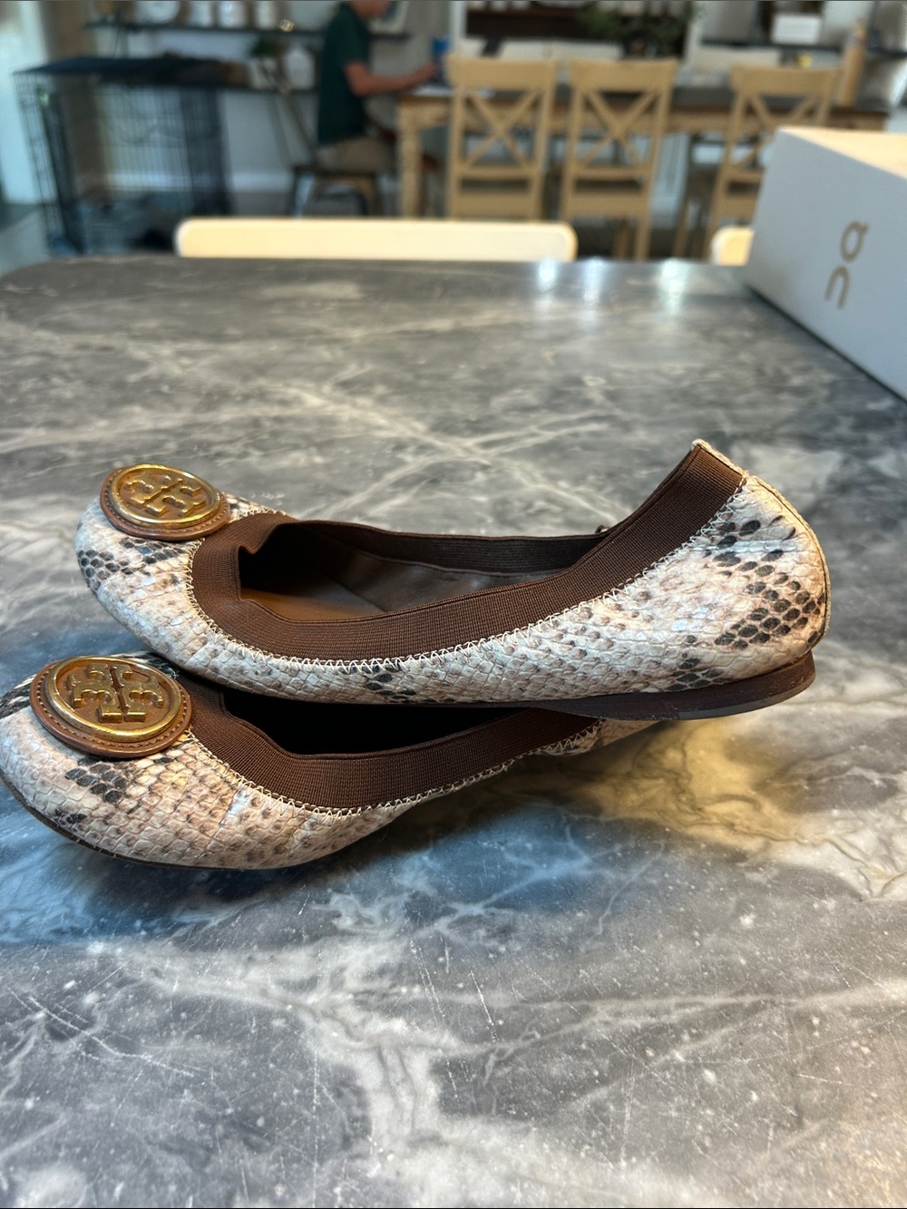 Tory Burch Taupe Snake-Print Logo Ballet Flats - Picture 3 of 4